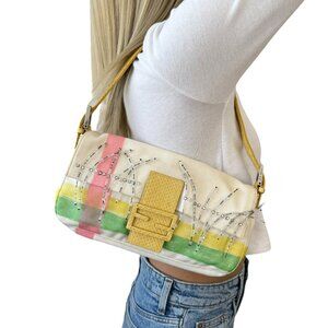 FENDI Vintage Mamma Baguette Logo Shoulder Bag Cream Yellow Cotton [104067]